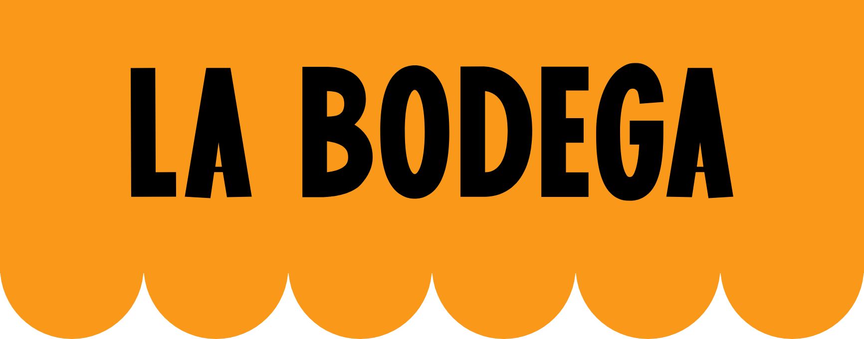 La Bodega's logo, La Bodega in Big Black letters with an orange awning in the background.