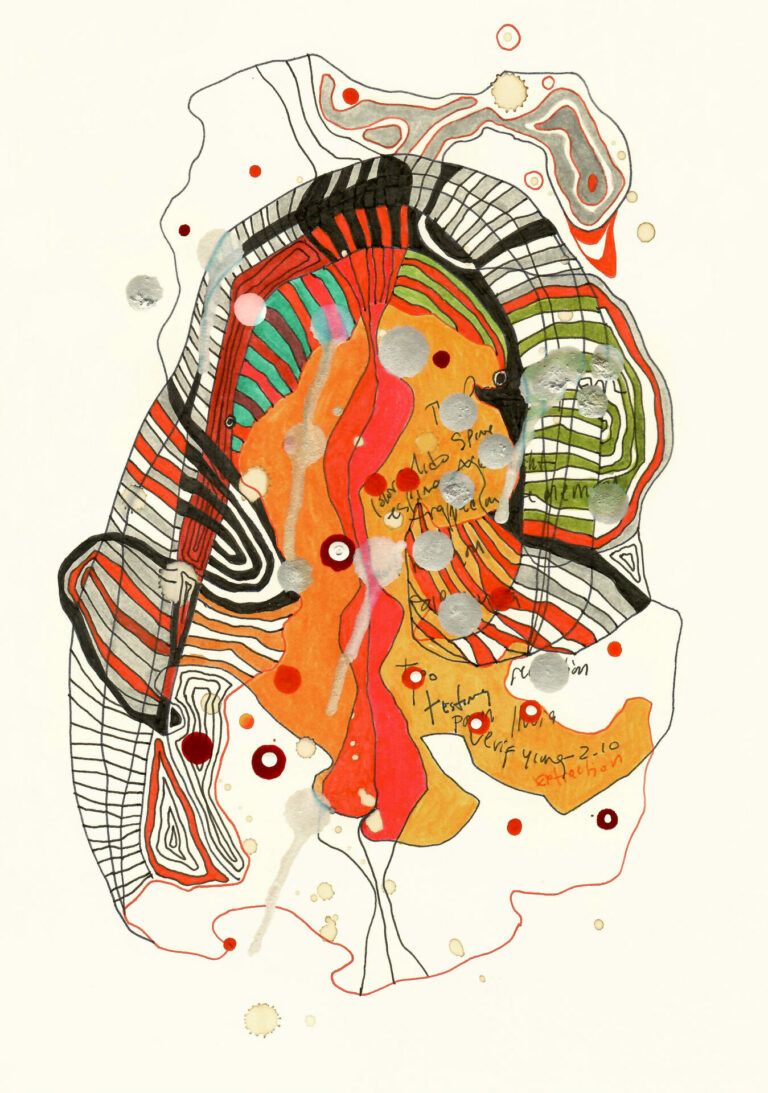 Abstract line drawing with sections filled with color. Writing is incorporated into the shapes.