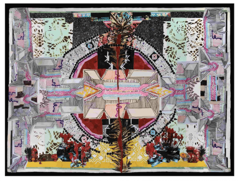 Multi-media collage with a symmetrical composition. Features lace, beads, and ink.