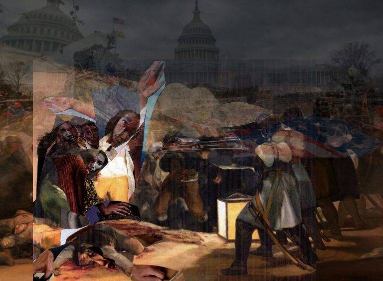 Collage referencing Goya's painting "The Third of May 1808." It now includes a modern face and knitwear images.