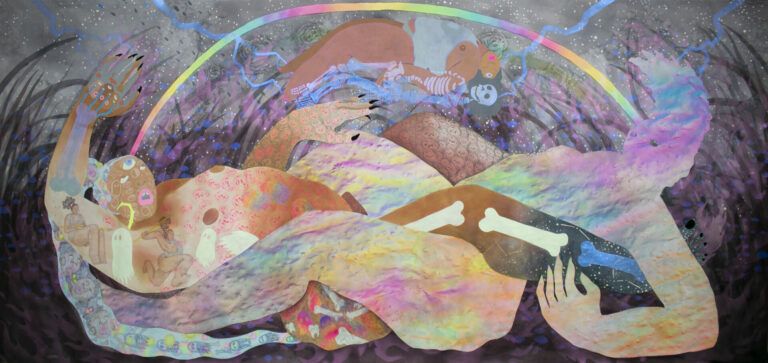 Two people with their legs interlocked laying in grass. A phantom skeleton and body floats above them both. One form is spiritual and one form is physical.