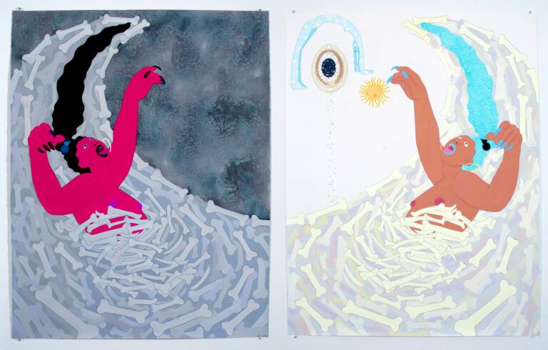 Mirror image paintings in different color schemes. The image is of a nude woman drowning in bones.