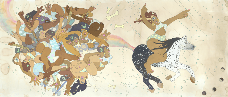 A bundle of bodies playing instruments and holding each other. All figures have a third eye with a heavy lid.