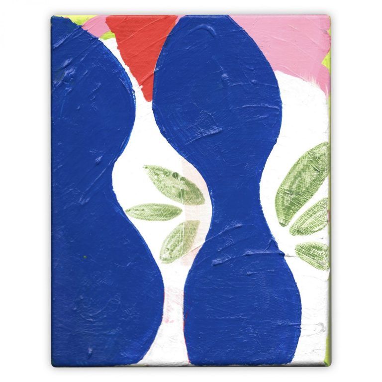 Two large blue soft shapes stand tall in the center of the painting. The shapes are flanked by little leaf patterns and hints of red and pink.