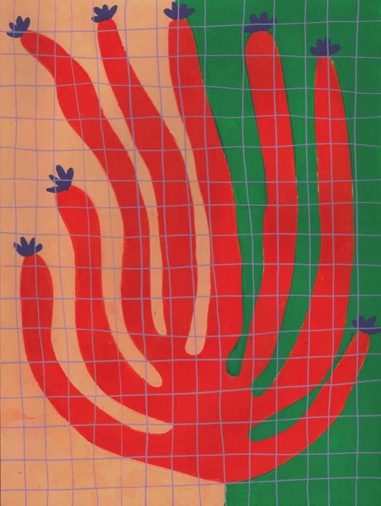 Under a purple grid, a coral-colored 8-lobed plant shape with flowers on each end is painted on a two-tone backgroun.