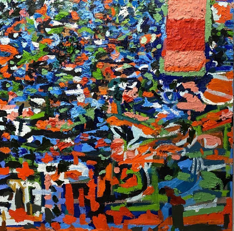 Impressionist style painting with heavy paint application. Main colors are orange, green, blue, and white. There is one segmented orange rectangle in the upper right corner.