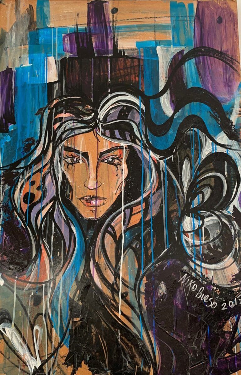 Cool-toned portrait of a woman. The style uses large brushstrokes and black outlines.