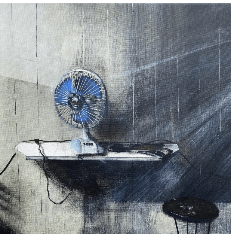 Painting of a small blue table fan on a shelf. Sunlight streams in from an unknown source. There is a dark stool under the shelf. The wall the shelf is attached to is a grey wood panel.