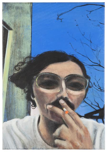 Distorted selfie of the artist smoking.
