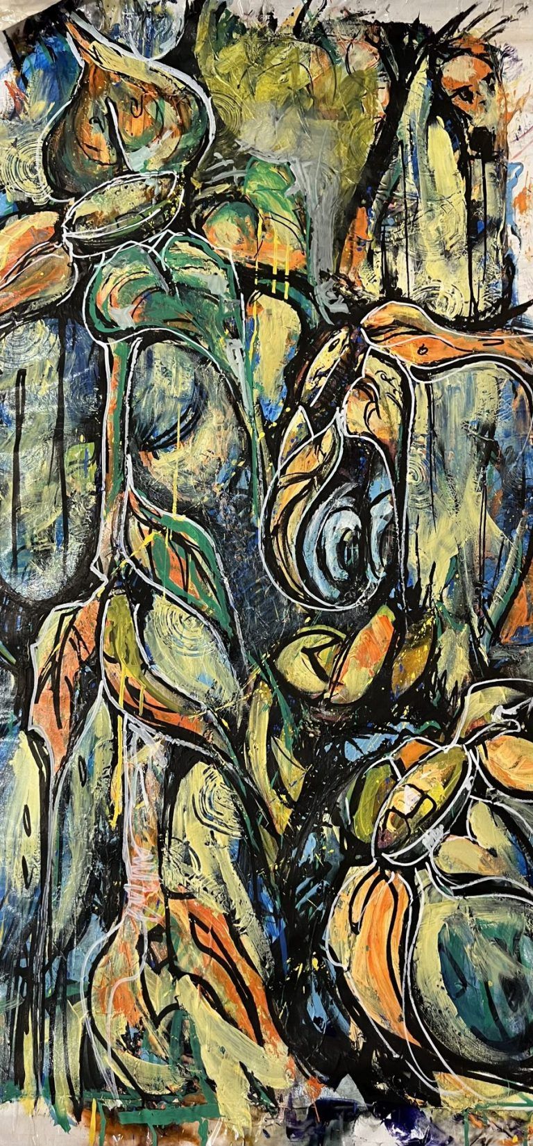 Organic forms that appear to be leaves and flowers. Orange, green, blue and yellow brushstrokes are outlined in black to give form to the leaves.