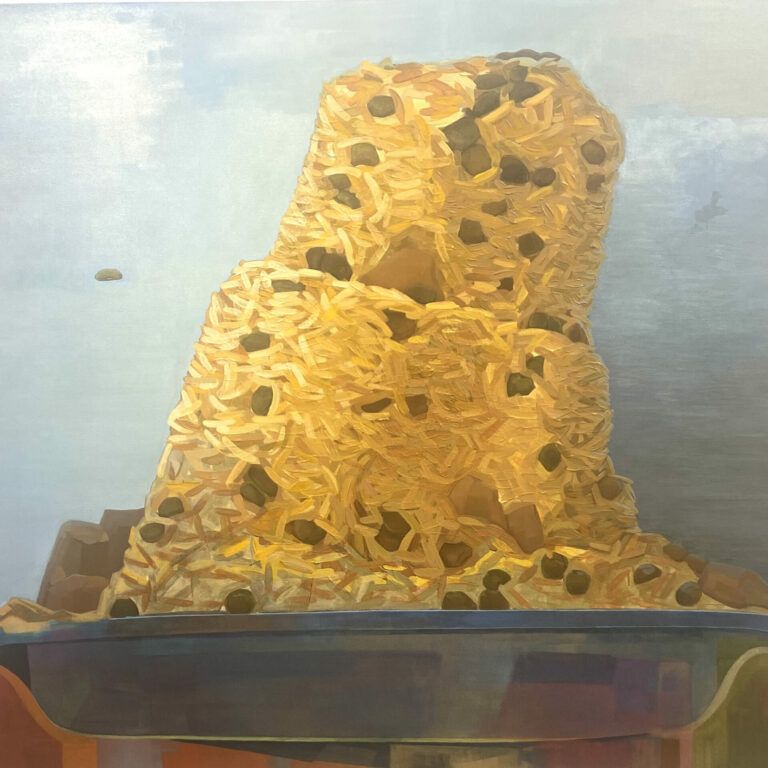 A towering plate of rice and peas (arroz con gandules).