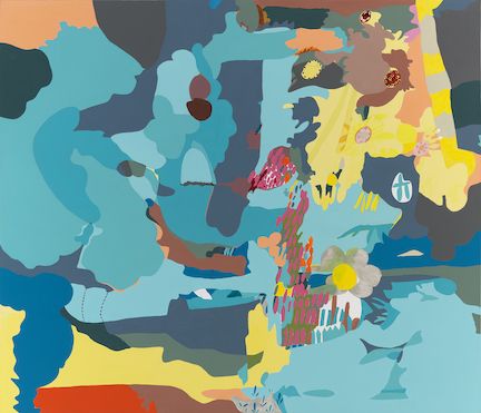 Abstract painting of teal, yellow, and red. The shapes are rounded and vary widely in size.