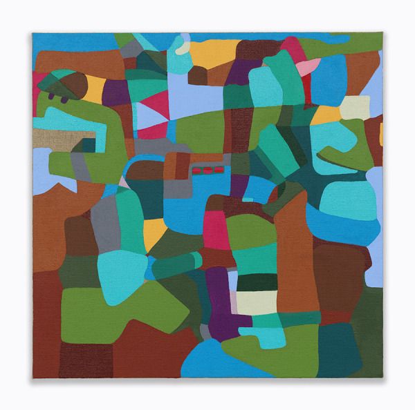 Abstract painting of mainly rounded squares of every color. There are three small red dots close to the center.