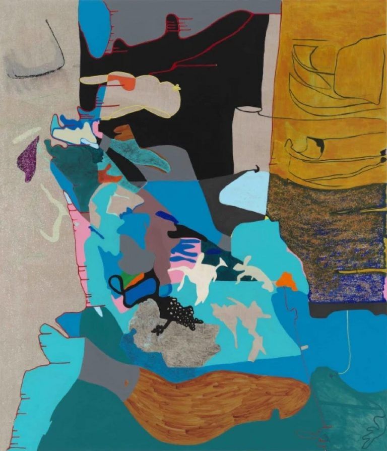 Colorful abstract painting featuring deep oranges, blues, grey, and pink. There is a small amount of green. Shapes fit together like puzzle pieces and are sometimes outlined.