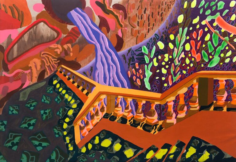 Abstracted colorful landscape featuring a waterfall and a stone bannister.