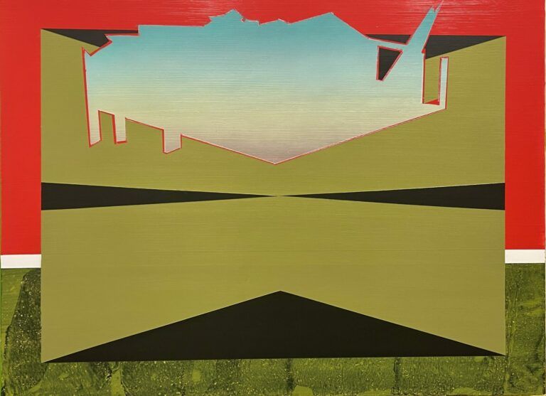 One point perspective painting of abstract shapes colored like a sunset.