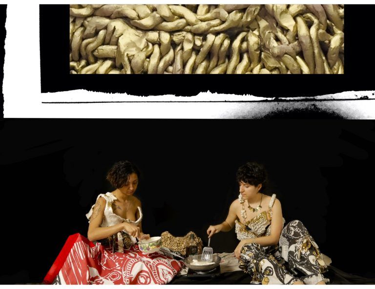 "Digitally collaging a photographic scene of models wearing ceramic and cloth garments with additional visuals of ceramic work" - Gabby Vazquez