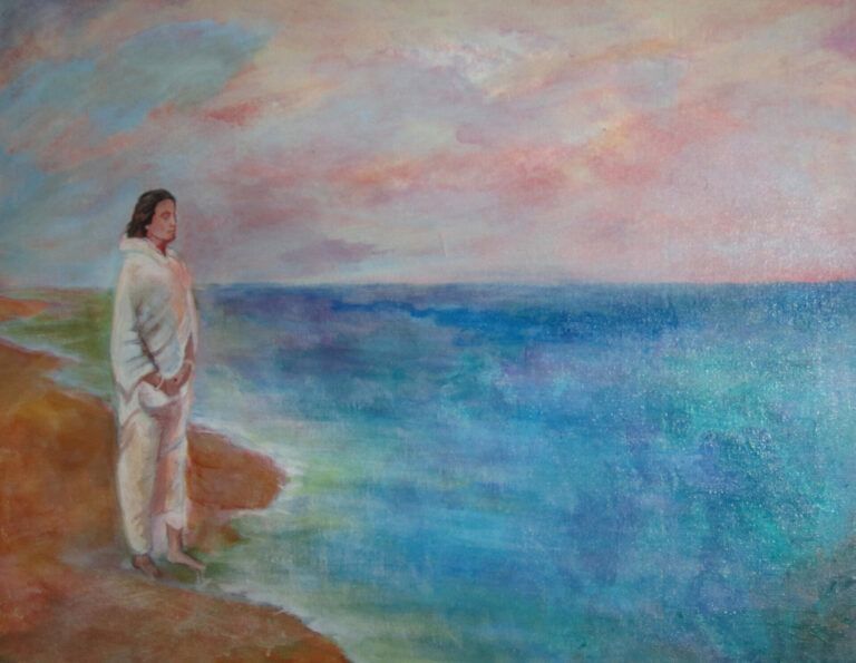 This painting shows a woman at the water's edge of the ocean. Her bare feet are sinking into the wet sand and she is at peace.