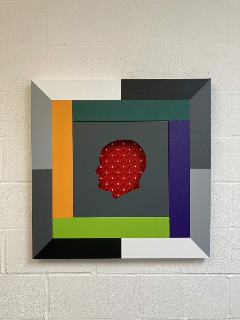 A square painting with rectangles creating many borders for a illusory hole in the middle of the painting in the shape of a facial profile. The middle is red and covered in a grid pattern.