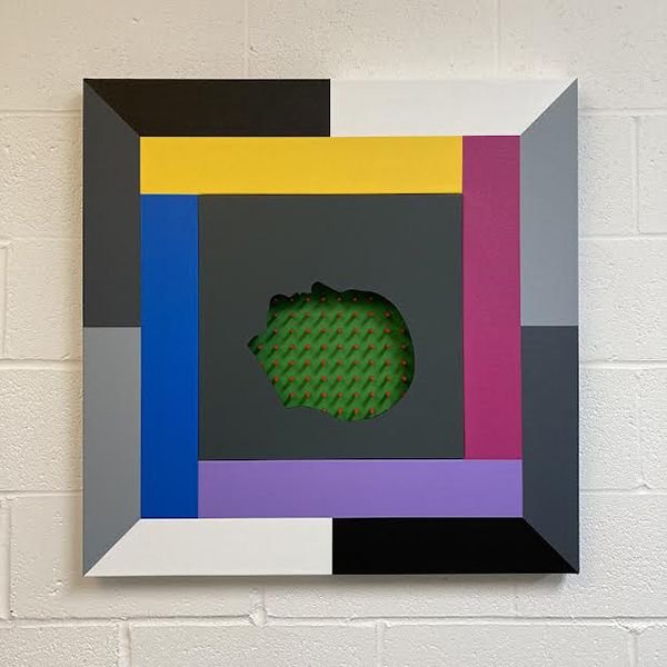 A square painting with rectangles creating many borders for a illusory hole in the middle of the painting in the shape of a facial profile. The middle is green and covered in a grid pattern.