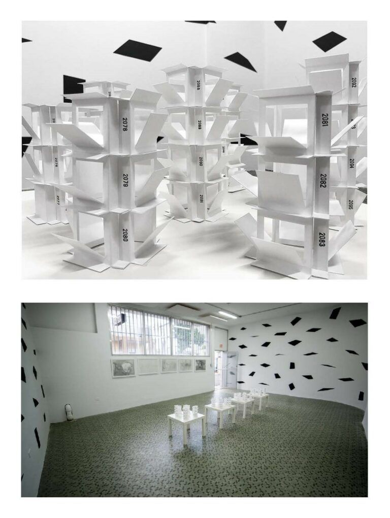 The top image is of the calendar paper sculpture, portraying one year per each opened segment. The bottom image is a snapshot of exhibition Planos in the art space El Lobi in Santurce, PR. It includes the calendar sculpture, drawings, and calendar wallpaper along the side walls.