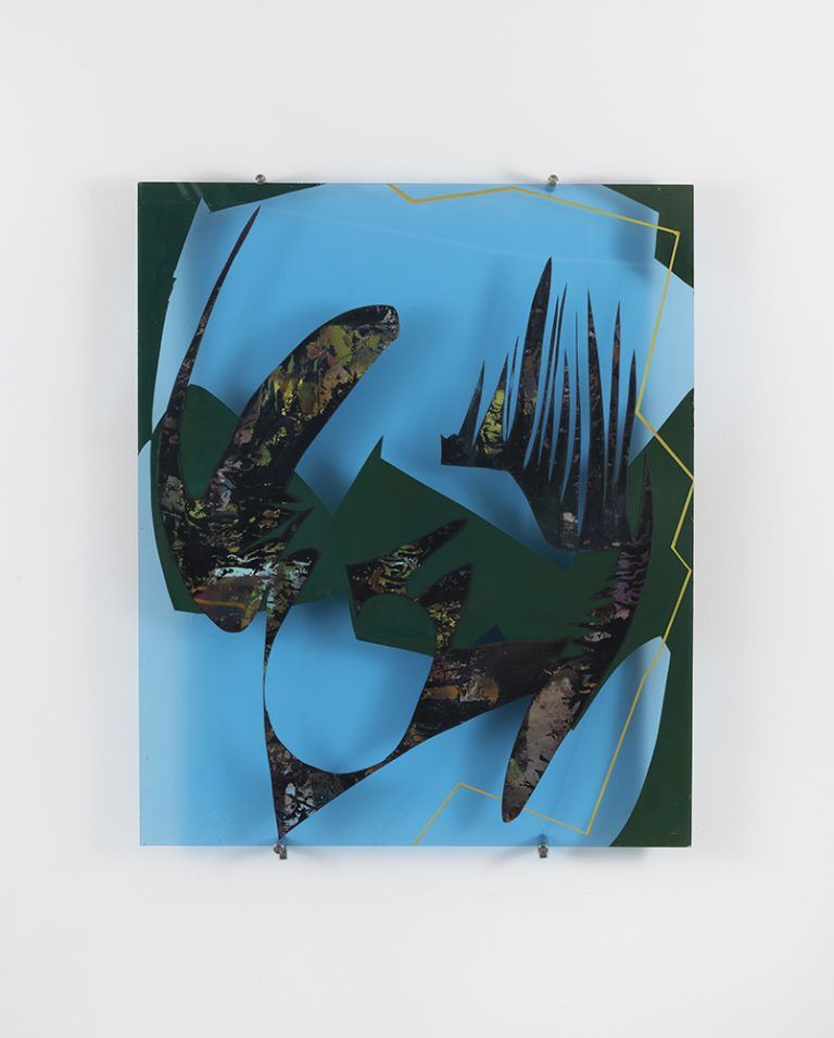 "This painting is made on plexiglass using oil paint and spray paint. The works are installed within a few inches from the wall so the light can through the surface and cast shadows." - Livia Ortiz Rios