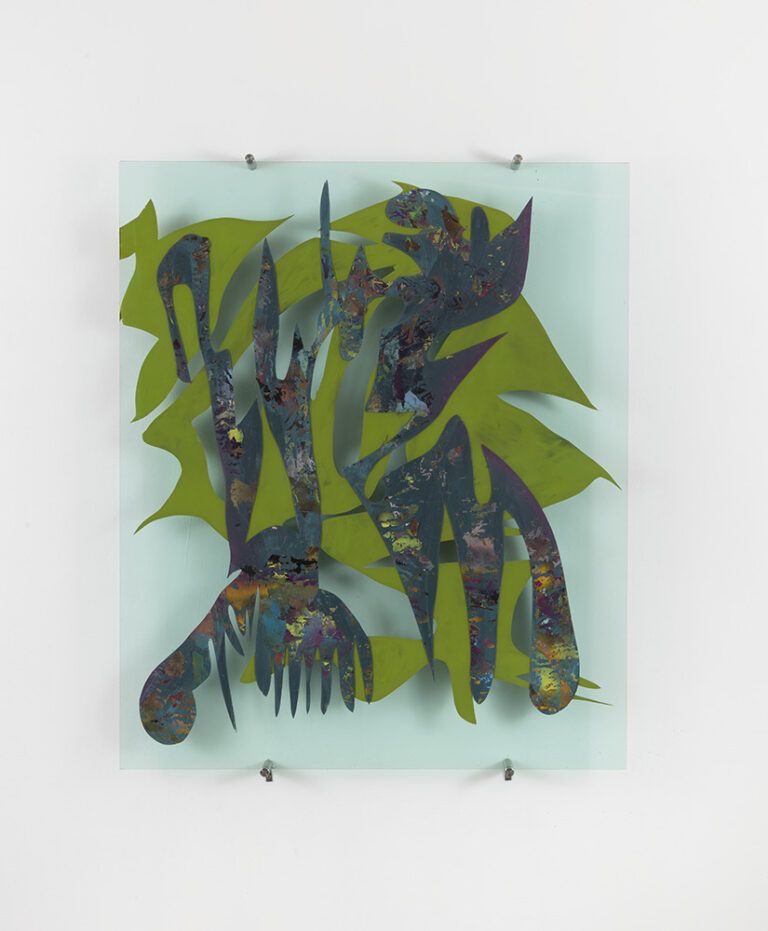 Green and blue abstract spray painting on Plexiglass. The background has transparencies so that light can pass through.