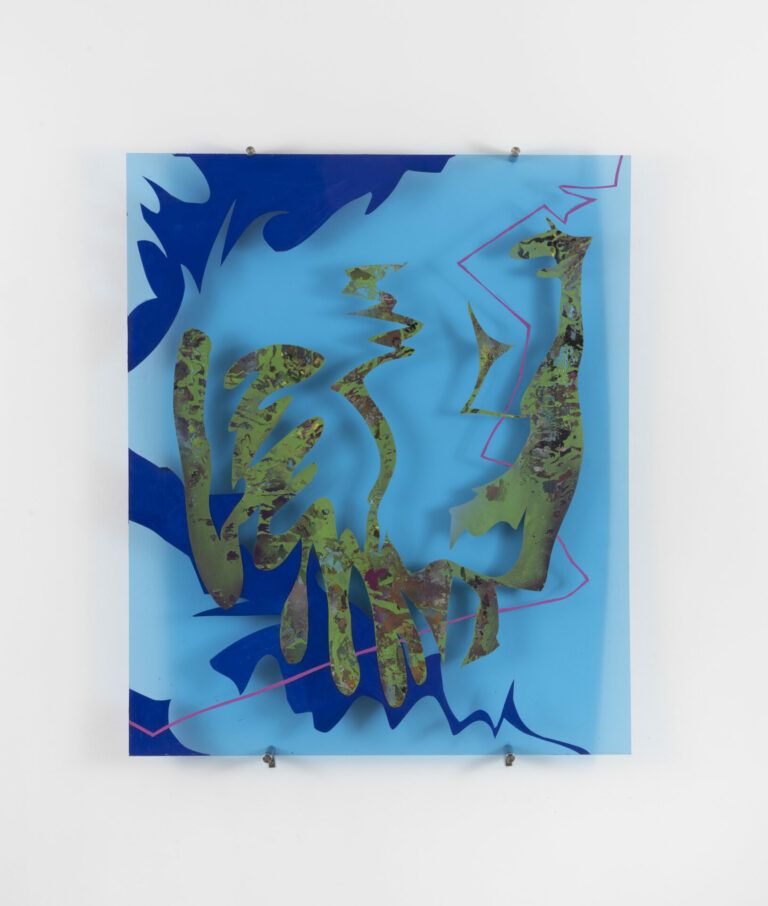 Green and blue abstract spray painting on Plexiglass. The background has transparencies so that light can pass through.