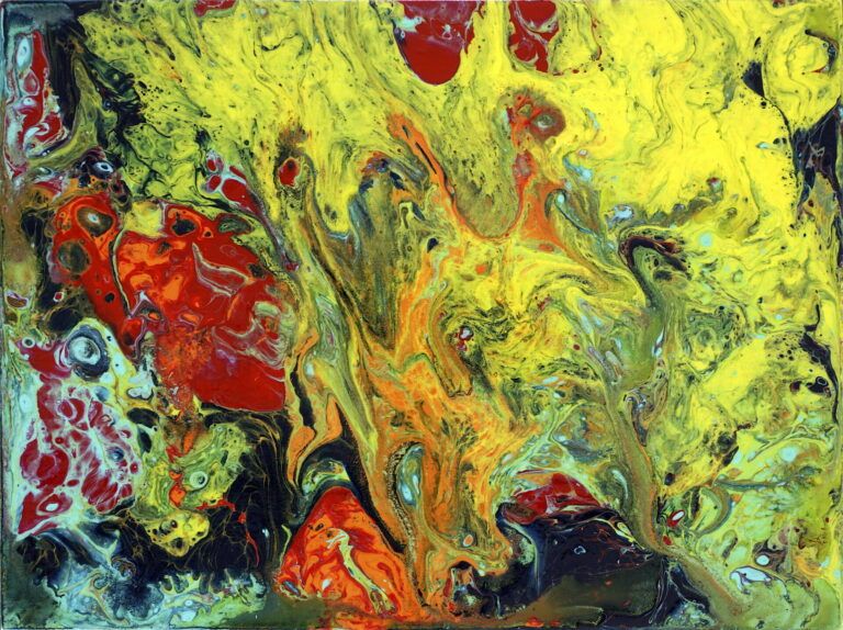 This is an abstract pour painting inspired by the spirit energy of Agayu, Orisha God of the Yoruba Tribe, part of the Santeria culture, religion and traditions of African diaspora.