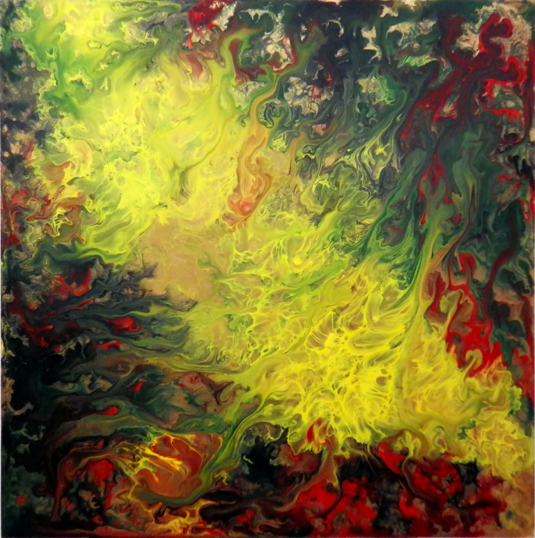 Abstract swirling of green and yellow. There are red swirls at the corners.