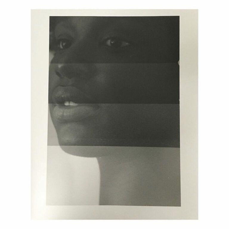 A black and white value scale print of a face, darkest at the top and lightest at the bottom.