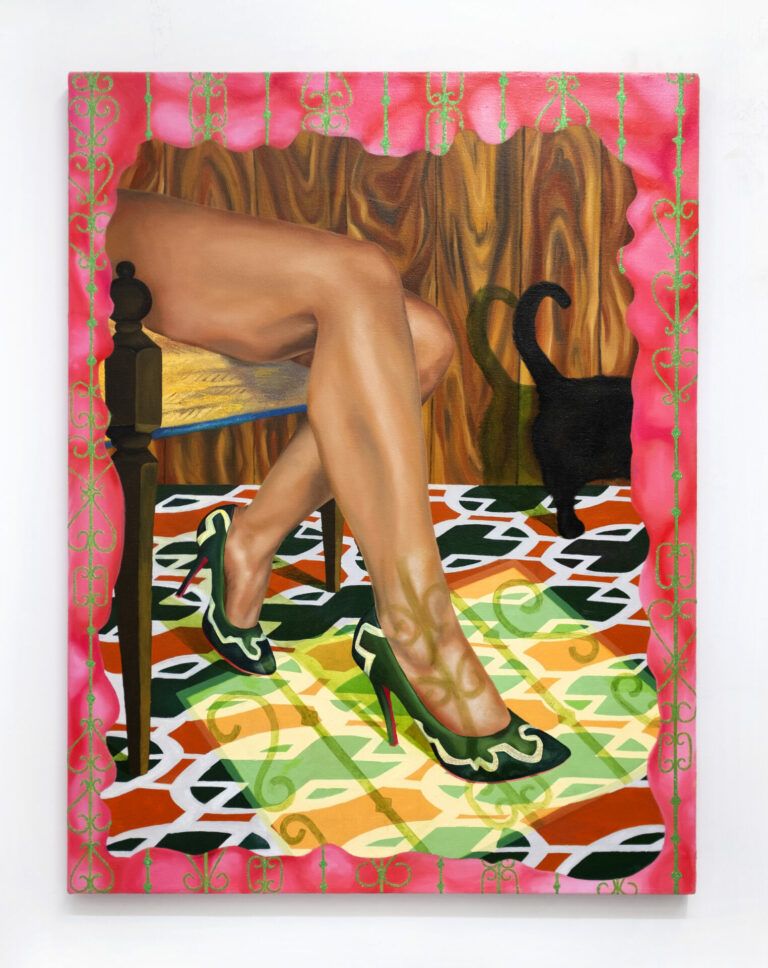 Painting of the legs of a woman sitting in a chair. The floor is tiled in red, black, and white. The woman's high heeled shoes are black, green, and red soles. The light cast through the window outlines the bars of the window onto the floor and one of her legs. A black animal passes by in the background. The painting has a pink and green glittery border.