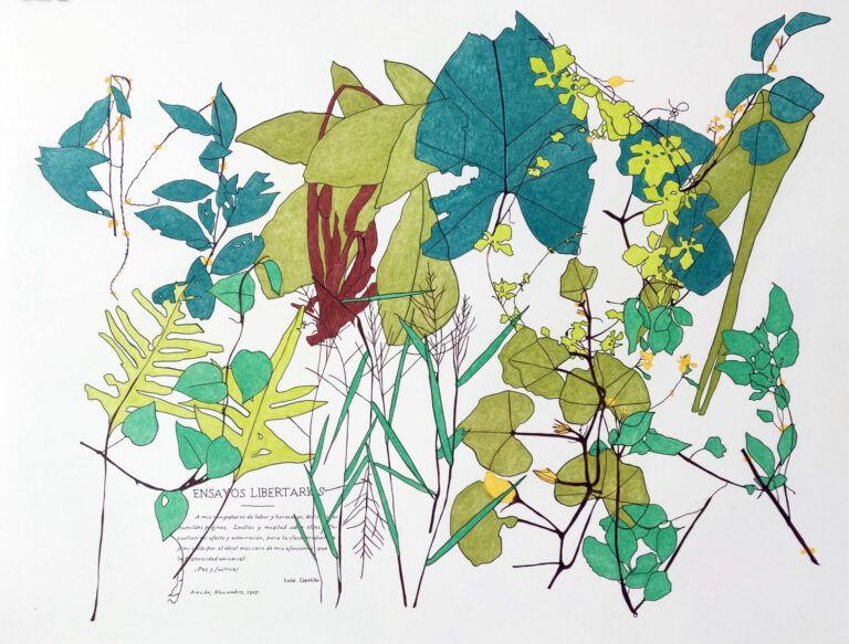 "Ensayos Libertarios - A mis compañeros de labor y hermanos, dedico estas humildes páginas. Leedlas y meditad sobre ellas. Envuelven mi afecto y admiración, para la clase productora: y mi culto por el ideal más caro de mis afecciones, que es: la fraternidad universal. ¡Paz y Justicia! - Luisa Capetillo. Arecibo, Noviembre, 1907." Accompanying the quote, there are drawings of leaves of various shapes and colors.