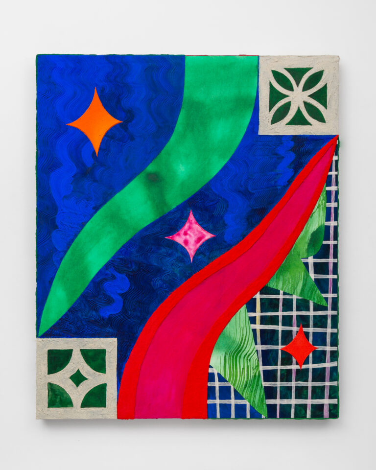 Painting of abstracted tile-patterns symmetrically painted onto canvas. The image contains three four-pointed stars arranged diagonally from the top left to the bottom right. At the top right and the bottom left, there is a textured square tile painted using pumice modeling paste. Two tentacle-shaped forms cross the painting. The top left and middle of the painting is populated with a deep blue wave pattern. The bottom right is a black and white grid.