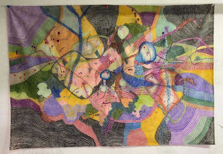 Abstract drawing of small lines creating areas of color. The areas of color intersect with one another and feature spots of other colors.