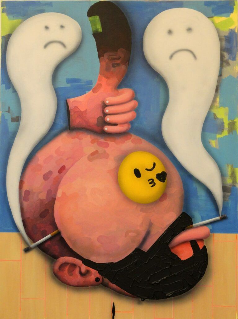 Colorful painting of abstracted human forms. On a hard wood floor, a human head with a beard is smoking cigarettes. The head has a recognizable mouth and ear but no eyes or nose. In place of the eyes there is a single yellow kissing face emoji. On top of the head there is a swollen "thumbs-up" shaped hand. The thumb is black and the nail is green. The smoke from the cigarettes is in the shape of two ghosts with a simple frowning face.