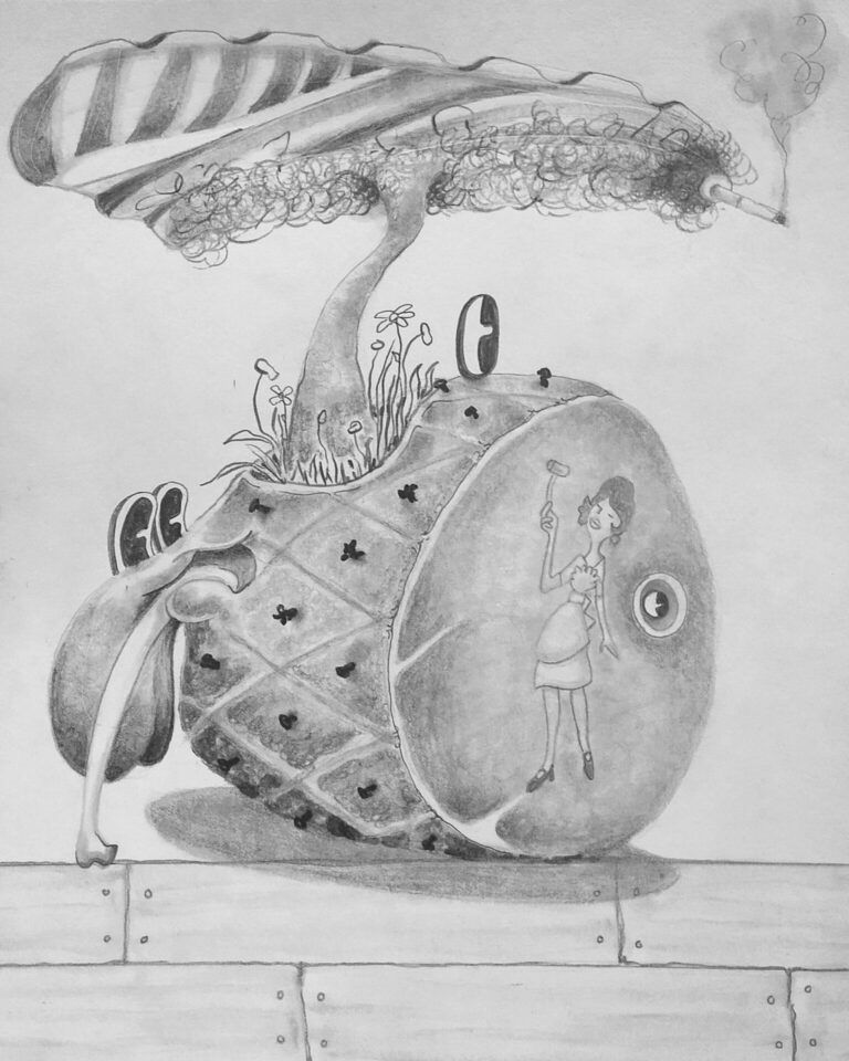 A black and white drawing of a piece of ham with a woman on it. The ham has many eyes and growths. It features cigarettes, smoke, hair, and flowers.