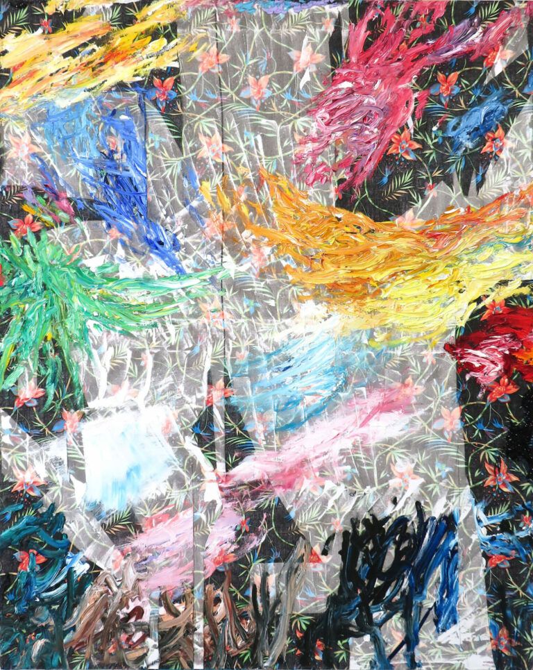 Floral patterned fabric painted over with vibrant paint strokes.