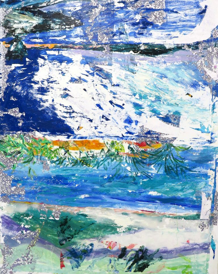 Painting on floral-patterned fabric. The pain is blue and green and white. It is fairly abstract.