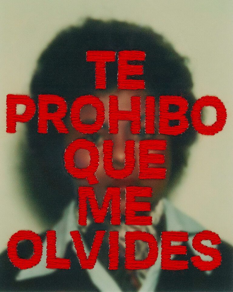 An image of Spector's mother with the phrase "Te prohibo que me olvides" embroidered on to the photograph.