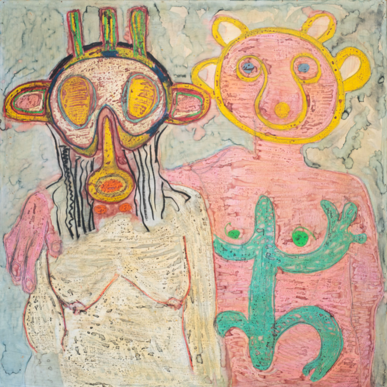 Two people with Taino symbol heads embrace each other as if posing for a photo.