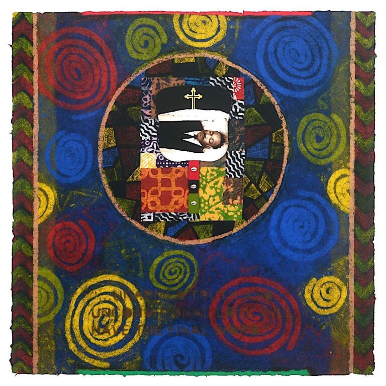 Primary colored background with illegible text on the front. An image of a man in a suit with his eyes closed is pasted on the front. He is surrounded by cowrie shells and patterned fabric.