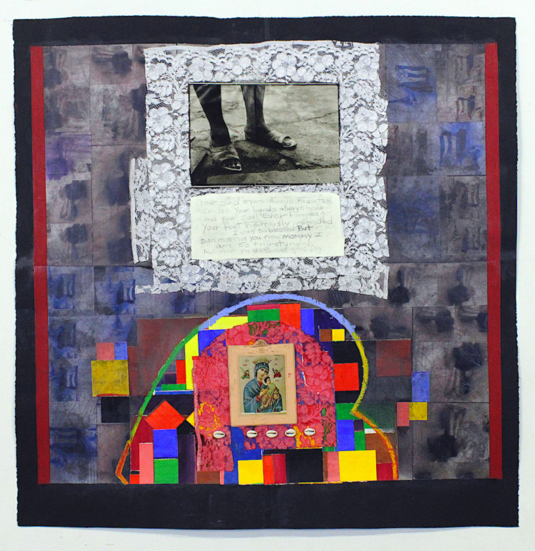 Collage on paper of images of Puerto Rican flags, religious figures, someone wearing sandals, colorful paper, and seashells. There is a note in the middle that reads "Your sad eyes always radiates/ed a smile/s. Your hands always healing and your soul ever forgives/ing. Your feet righteously grounded. I was so blessed but now I'm missing you now Mommy I am so thirsty now. All that you are is/was gone/joy."