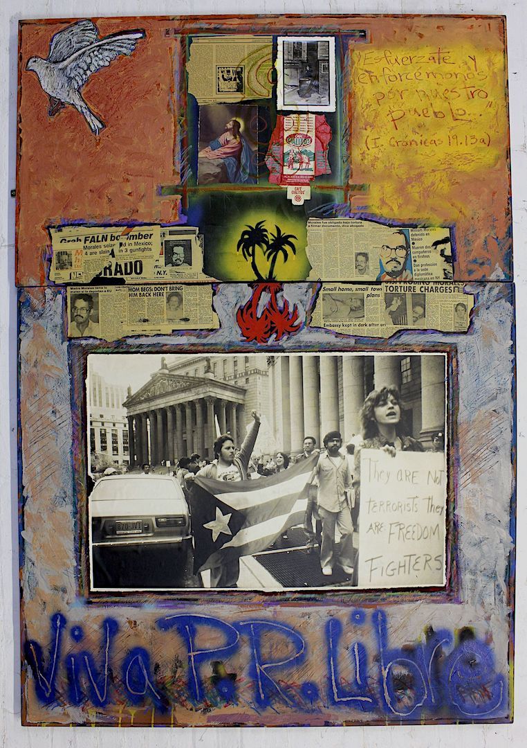 Political protest image in black and white surrounded by newspaper headlines and graffiti style text. In the center there is a mirrored image of a palm tree vertically.