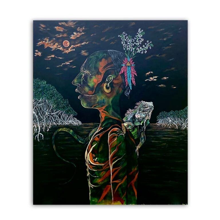 "This painting depicts the image of a Taíno (Natives from Puerto Rico) infected and controlled by the "Igüana" (Large Lizard not endemic of Puerto Rico)"