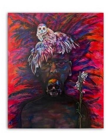 "This painting is the image of a warrior spirit of an indigenous Taíno guided by a Puerto Rican owl called "Múcaro". The warrior is seen holding the skull of one of his sons in his mouth, hunting the conquistadors that inflicted the loss with his spear of "Azucenas"."