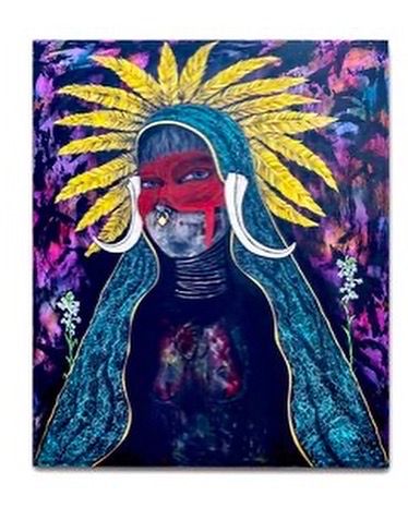 "This painting is a Taíno rendition of the Caridad del Cobre featuring an indigenous saint wearing tusks and warpaint known for presenting herself to warriors before battle." - Andrè Pagano