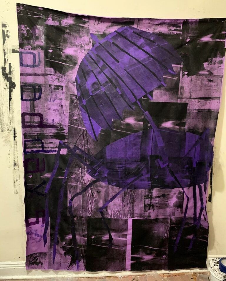 Purple hued silkscreen of a dark umbrella shaped object. The background is patterned with smaller silkscreen images.