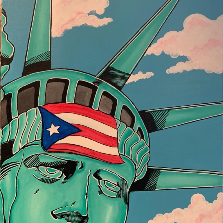 Illustration of the top of the Statue of Liberty's head. Attached to her crown is the Puerto Rican flag.