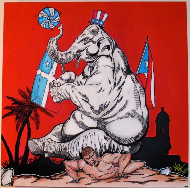 A white elephant wearing a top hat of stars and stripes spins a wheel that says "Ley 53, Racism, Parade, Crime, Oscar, Media, Vieques, Colony, Sedition, and 1891." Behind the elephant is the flag of Lares and Puerto Rico. The elephant is sitting on a man who is covered in cuts. The background is bright red and has the historic Castillo San Felipe del Morro in silhouette.